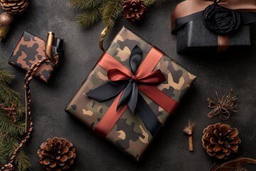 Stylish Camouflage Gift Wrapping for Holidays: Rustic Pine Cones and Natural Accents for a Cozy Seasonal Celebration