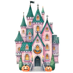Fototapeta premium Whimsical Halloween Haunted House with Cute Decorations, Charming haunted house with glowing windows, surrounded by friendly ghosts, pumpkins, and bats, set in a Halloween festive scene.