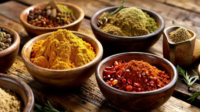Assorted Indian Spices and Masalas in Bowls, Vibrant Colors and Aromatic Ingredients. 