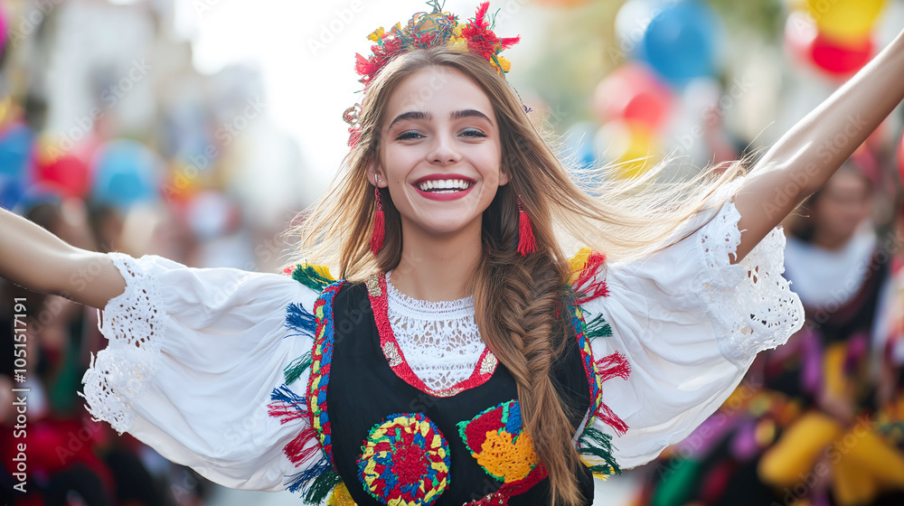 Wall mural joyful young woman in colorful traditional outfit celebrates during vibrant street parade, embodying spirit of festivity and cultural pride