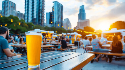 vibrant food truck festival in Austin, Texas, showcasing refreshing glass of beer on wooden table. lively atmosphere is enhanced by sunset and city skyline