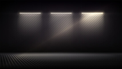 Studio interior with carbon fiber texture. Modern carbon fiber textured pink purple black interior with light. Dark background for mounting, product placement. Vector mockup, background, template