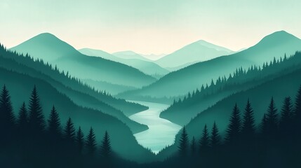 Obraz premium Serene mountain landscape with a flowing river amid lush green forests.