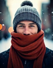 Rostro de hombre con cara de tener frio y con gorro y bufanda de lana tapando la boca hasta la nariz