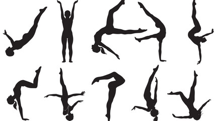 Child Gymnastics Poses Silhouette, Set of Flexible Gymnast Exercise, isolated in White backgroun 