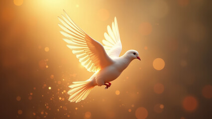 Fototapeta premium A white dove with its wings spread wide, flying against a sunburst background.
