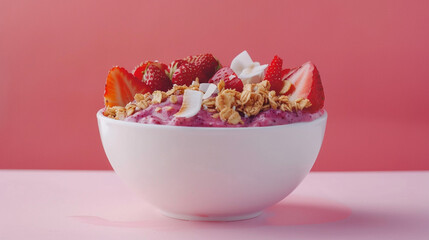 Vegetarian healthy breakfast dessert and healthy eating lifestyle habit. Top view of vegan acai bowl topped with coconut flakes, strawberries, and granola on pink red background. 
