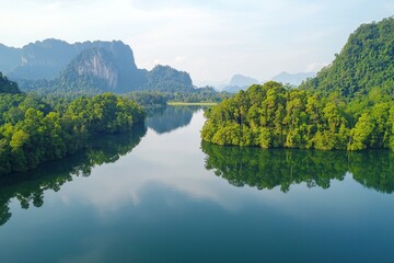 Naklejka premium Lake with mountain and reflection with an island filled with green trees.