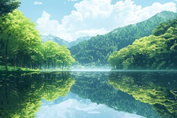 Lake with mountain and reflection with an island filled with green trees.