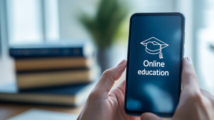 Smartphone displaying Online education with graduation cap icon, symbolizing modern learning methods. perfect representation of digital education