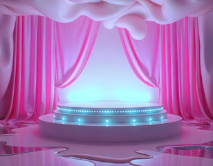 The stage background has bright, cheerful pink