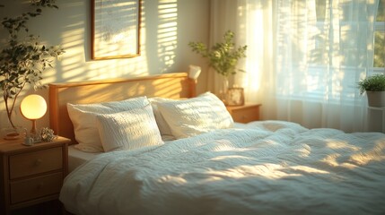 Sunlight Streaming Through a Window Onto a Bed in a Bedroom