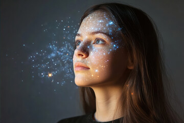 Young Woman Gazes Upwards With a Universe Projection Illuminating Her Face in a Dark Setting