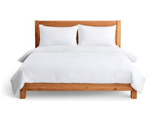 Modern double bed with pillows and blanket on isolated white background