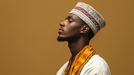 Obraz premium A man in traditional attire with a peaceful expression, standing against a solid olive background. v3