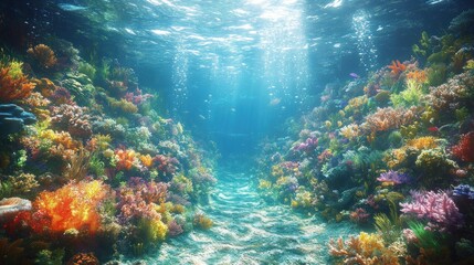 Fototapeta premium Vibrant underwater scene filled with colorful coral reefs.