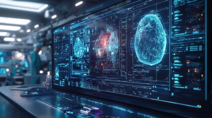 Fototapeta premium Futuristic interface displaying brain activity and data analysis.