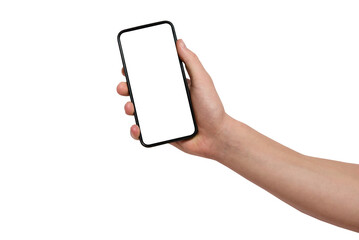 Male hand holding smartphone with blank screen, PNG isolated on transparent background