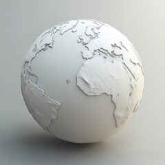 A white, 3D globe with continents and oceans outlined in grey against a white background.