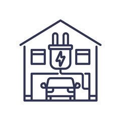 Outline of a house with an electric car and charging plug, symbolizing home EV charging.