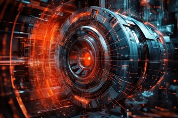 Fototapeta premium Industrial motor surrounded by virtual data grid advanced tone complementary color scheme
