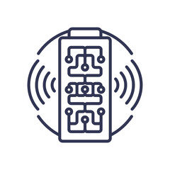 Circuit board and wireless signals symbolize technological integration.