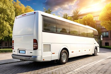 Modern tour bus parked on sunny urban street for travel and tourism