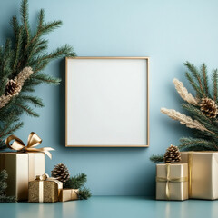 Christmas tree branches and blank photo frames on table near light wall