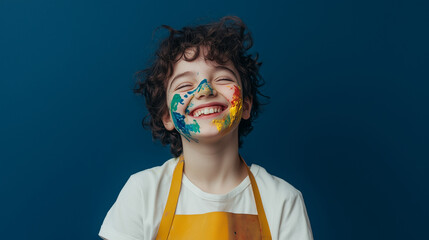 A young artist with paint on their face, wearing an apron and smiling shyly against a solid navy blue background. v4