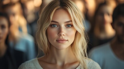 Obraz premium Striking blonde woman stands out confidently from blurred crowd 