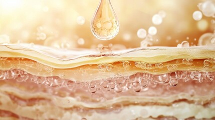 A single drop of serum falls onto the surface of the skin, penetrating through the layers of the epidermis.