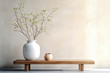 wooden bench and clay vase Japandi interior design of modern living room