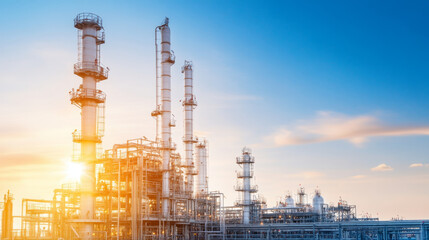 Obraz premium modern petroleum processing facility with advanced technology, showcasing tall smokestacks and intricate piping against vibrant sunset sky. scene reflects industrial innovation and energy production