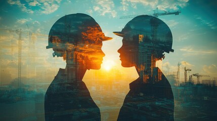 Project managers overseeing a construction site, focus on leadership, outdoor setting, sharp tones, double exposure silhouette with blueprints and safety helmets
