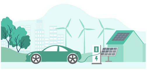 Electric car, EV car, car charging battery at electric charging station with solar panel and wind turbines. Sustainable green energy for ecology environment.