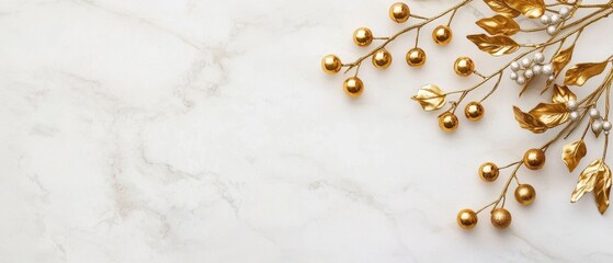 Golden mistletoe with shimmering ornaments, placed on a modern marble countertop, festive luxe, golden mistletoe, Xmas decor, luxurious festive touch, copy space for text
