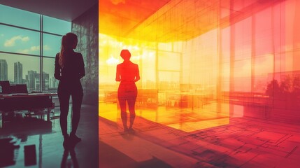 Interior designers sketching room layouts on blueprints, focus on creativity, modern office backdrop, vibrant tones, double exposure silhouette with rulers and sketches