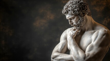 Fototapeta premium Marble statue of a muscular man in a thoughtful pose against a dark background