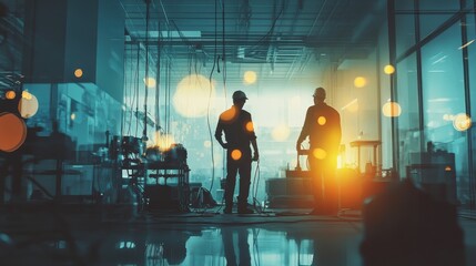 Electricians installing lighting fixtures in a modern office, focus on functionality, bright background, vibrant tones, double exposure silhouette with lights and wiring