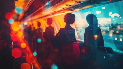 Flight attendants assisting passengers with luggage in the overhead bins