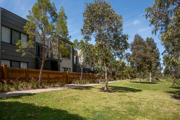 A row of modern residential townhouses complex with contemporary architecture by a public park with lush green native Eucalyptus trees and a concrete footpath in an Australian suburban neighborhood