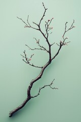 Fototapeta premium Minimalist green background with a dead tree branch with some small flowers in it. 