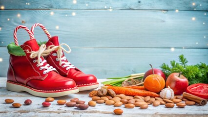 Festive christmas arrangement with red boots and seasonal produce for holiday decor