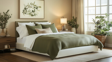 Fototapeta premium Serene Olive Green Bedroom Haven 