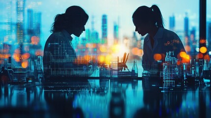 Scientists collaborating on research projects in a lab, focus on teamwork, modern backdrop, natural lighting, double exposure silhouette with charts and data sheets