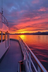 Obraz premium As the sun sets on the horizon, the boat glides over the tranquil ocean waters, casting a stunning array of colors across the sky and reflecting on the surface