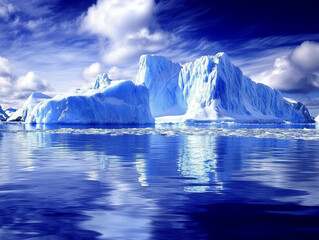 Serene arctic scene featuring massive blue iceberg reflecting in calm waters under bright sky. tranquil atmosphere evokes sense of peace and wonder