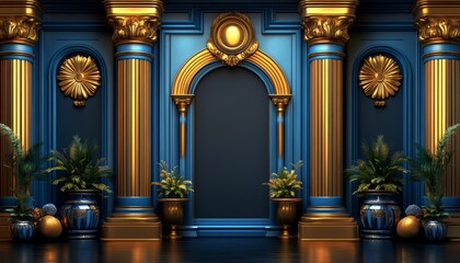 Fototapeta premium Golden Columns and Blue Walls with Ornate Details