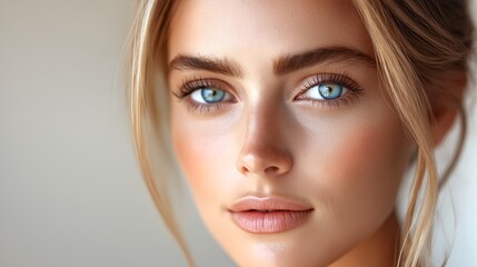 Fototapeta premium Close-up portrait of a woman with blue eyes and natural makeup