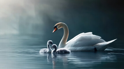 Fototapeta premium a swan swimming with two cygnets in tranquil blue water